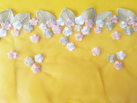 幅50cm x 長さ180cm プレミアムゴールデンリーフとサクラの花刺繍リジッドチュールレース生地トリム