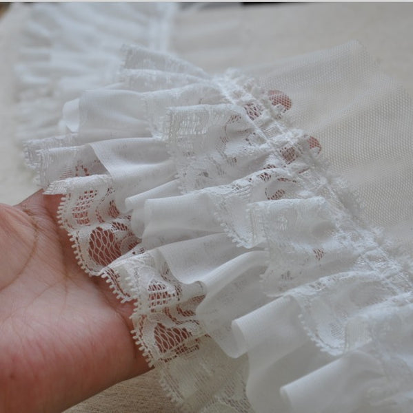 2 Yards of 9cm Width 3-layer Floral Embroidery Ruffled Chiffon Lace Fabric Trim