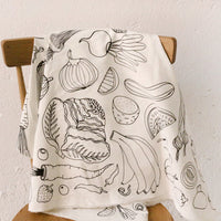 145cm Width x 95cm Length Black and White Vegetables Sketch  Print Cotton Linen Fabric