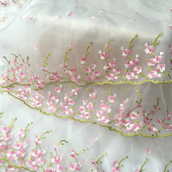 51 Width White Organza Pink Floral Embroidery Lace Fabric by the