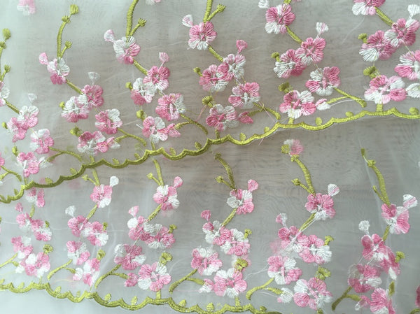 51 Width White Organza Pink Floral Embroidery Lace Fabric by the