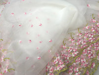 51" Width White Organza Pink Floral Embroidery Lace Fabric by the Yard