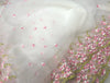 51 インチ幅ホワイト オーガンザ ピンク花柄刺繍レース生地ヤード