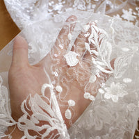 53" Width Off White Floral Embroidery Mesh Lace Fabric With Sequins Dotted Wedding Dress Bridal Tulle Lace Fabric By the yard