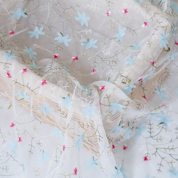 Blue Star and Little Flowers Embroidery Lace Floral Fabric by the Yard